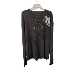 M747) Y2K Hurley Brown Grunge Print Crewneck Long Sleeve Thermal Tee XL